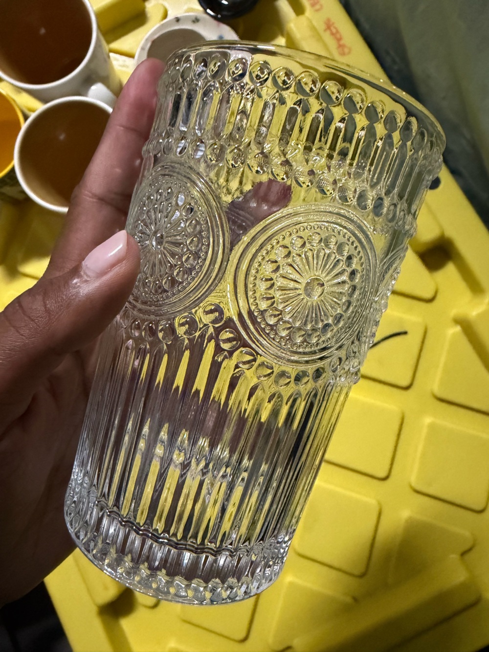 Set of 6 Clear Pressed Glass Vase with Embossed Medallion Design